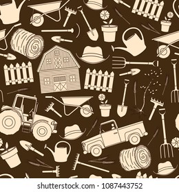 Seamless pattern of farming equipment liine icons. Farming tools and agricultural machines decoration. Vector