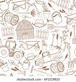 Seamless pattern of farming equipment liine icons. Farming tools and agricultural machines decoration. Vector
