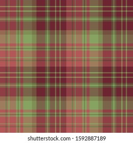 Seamless pattern in fascinating cute christmas burgundy, red and green colors for plaid, fabric, textile, clothes, tablecloth and other things. Vector image. 