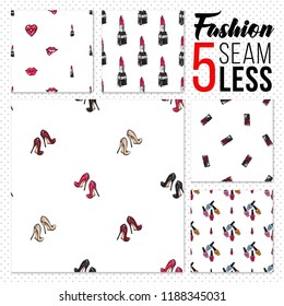 Seamless pattern with fashion accessories. Fashionable objects and elements. Woman life style environment endless backgrounds for site, blog, PR or POS materials.
