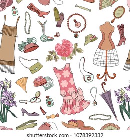 Seamless pattern of fashion accessories, vintage style. Vector background.