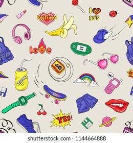 Seamless pattern with fashion badges retro style 80s,90s
