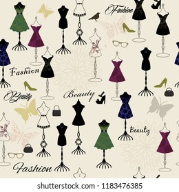 Seamless pattern with fashion, dress, high heels, bag, butterfly, bird for design fabric,backgrounds, package, wrapping paper, covers, fashion.