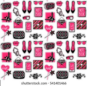 Seamless pattern with fashion elements: high heels,gift box, phone,hearts,card,bag,note book,glasses, lips. Vector kit for girl. Glamour stickers and patches. Trendy design. 