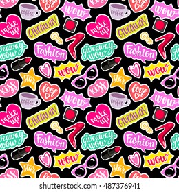 Seamless pattern fashion elements in patch style. Vector background with stickers, pins, patches in cartoon comic style on black background.