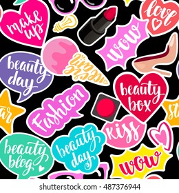 Seamless pattern fashion elements in patch style. Vector background with stickers, pins, patches in cartoon comic style on black background.