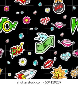 Seamless pattern with fashion girl badges in cartoon 60s-70s 80s-90s pop art comic style
emoji, love stitch patches on memphis vector background