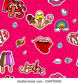 Seamless pattern with fashion girl badges in cartoon 60s-70s 80s-90s pop art comic style
emoji, love stitch patches on memphis vector background