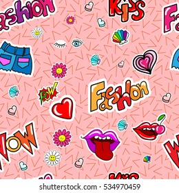 Seamless pattern with fashion girl badges in cartoon 60s-70s 80s-90s pop art comic style
emoji, love stitch patches on memphis vector background