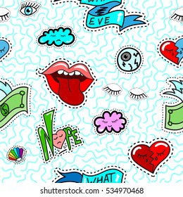 Seamless pattern with fashion girl badges in cartoon 60s-70s 80s-90s pop art comic style
emoji, love stitch patches on memphis vector background