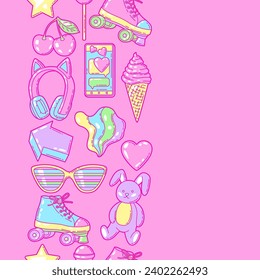 Seamless pattern with fashion girlish items. Colorful cute teenage background.