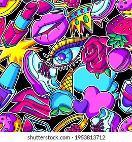 Seamless pattern with fashion girlish patches. Colorful cute teenage background.