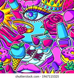 Seamless pattern with fashion girlish patches. Colorful cute teenage background.