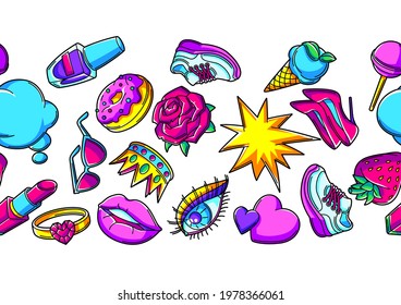 Seamless pattern with fashion girlish patches. Colorful cute teenage background.