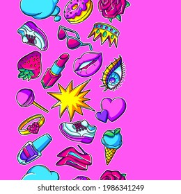 Seamless pattern with fashion girlish patches. Colorful cute teenage background.