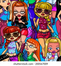 Seamless pattern with fashion girls. Seamless background with big crowd. 