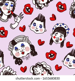 Seamless pattern with fashion girls, trendy print.