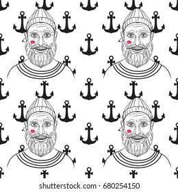 Seamless pattern. Fashion guy bearded with hat. Romantic sailor. Marine anchor icon. Hand drawing line. Vector illustration isolated on white background.