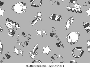 Seamless pattern with fashion items. Monochrome teenage background. Creative fun symbol in cartoon style.