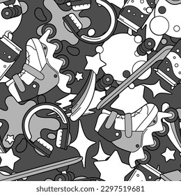 Seamless pattern with fashion items. Monochrome teenage background. Creative fun symbol in cartoon style.