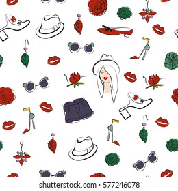 Seamless Pattern with Fashion Items. Vector Illustration.