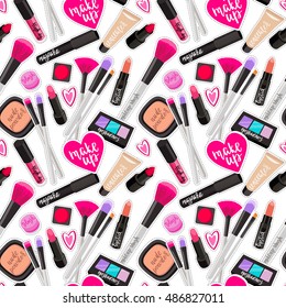 Seamless pattern fashion makeup items patch badges with speech bubbles. Vector background with stickers, pins, patches in cartoon comic style on white background.