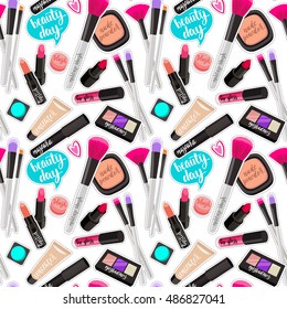 Seamless Pattern Fashion Makeup Items Patch Badges With Speech Bubbles. Vector Background With Stickers, Pins, Patches In Cartoon Comic Style On White Background.