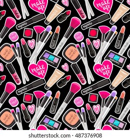 Seamless pattern fashion makeup items patch badges with speech bubbles. Vector background with stickers, pins, patches in cartoon comic style on black background.