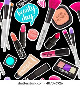 Seamless Pattern Fashion Makeup Items Patch Badges With Speech Bubbles. Vector Background With Stickers, Pins, Patches In Cartoon Comic Style On Black Background.