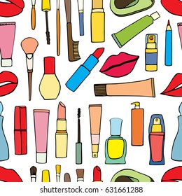 Seamless pattern fashion makeup items patch badges with speech bubbles. Vector background with stickers, pins, patches in cartoon comic style on black background.