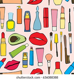 Seamless pattern fashion makeup items patch badges with speech bubbles. Vector background with stickers, pins, patches in cartoon comic style on black background.