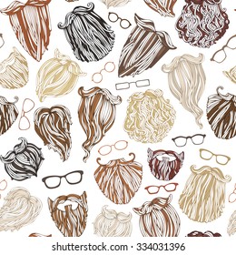 Seamless pattern of fashion man beards and eyeglasses. Blond, brunet, dark-haired, ginger and grey-haired beards on white background. Hand-drawn vector boundless background.