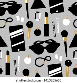 Seamless pattern of fashion, modern things, cosmetics, items.
