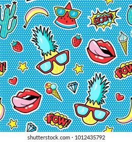 Seamless pattern with fashion patch badges with pineapple, lips, hearts, speech bubbles.  Vector illustration in cartoon 80s-90s style.
