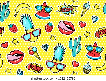 Seamless pattern with fashion patch badges with pineapple, lips, hearts, speech bubbles.  Vector illustration in cartoon 80s-90s style.
