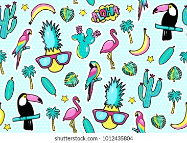 Seamless pattern with fashion patch badges with toucan, flamingo, parrot, exotic leaves, hearts, stars, speech bubbles, pineapple. Vector illustration in cartoon 80s-90s style.
