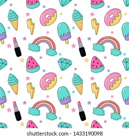 seamless pattern fashion patch badges. cartoon 80s, 90s comic style for girls isolated on white background. Vector illustration