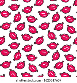 Seamless pattern with fashion patch badges with lips. Vector background with stickers, pins, patches in cartoon 80s-90s comic style.