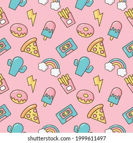 seamless pattern fashion patch badges. cartoon 80s, 90s comic style for girls isolated on pink background. Vector illustration