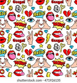 Seamless pattern with fashion patch badges with hearts, speech bubbles, stars and other elements.Vector background with stickers, pins, patches in cartoon 80s-90s comic style.