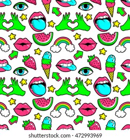 Seamless pattern with fashion patch badges with rainbow,watermelon, lips and other elements.Vector background with stickers, pins, patches in cartoon 80s-90s comic style with neon colors.