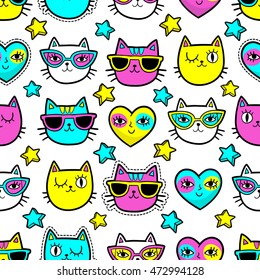 Seamless pattern with fashion patch badges with cats, hearts and stars.Vector background with stickers, pins, patches in cartoon 80s-90s comic style with neon colors.