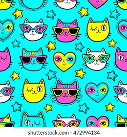 Seamless pattern with fashion patch badges with cats, hearts and stars.Vector background with stickers, pins, patches in cartoon 80s-90s comic style with neon colors.