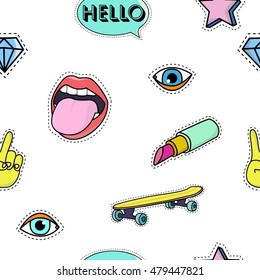 seamless pattern Fashion patch badges. Set of stickers, pins, patches in cartoon 80s-90s comic style. 