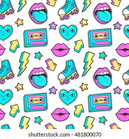 Seamless pattern with fashion patch badges with cassette, roller skates, lightning, hearts and other elements.Vector background with stickers, pins, patches in cartoon 80s-90s comic style.