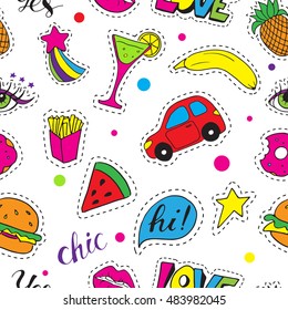 Seamless pattern fashion patch badges. Hand drawn vector stickers. Modern doodle pop art sketch and inscriptions. Cute isolated pins and icons. Bright elements. Embroidery, applique.