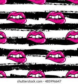 Seamless pattern with fashion patch badges with lips. Vector background with stickers, pins, patches in cartoon 80s-90s comic style