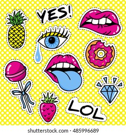 Seamless pattern with fashion patch badges with pineapple, peach, strawberry and candy. Vector background with stickers, pins, patches in cartoon 80s-90s comic style
