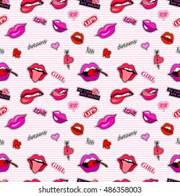 Seamless pattern with fashion patch badges. Pop art. Vector background with stickers, pins, patches in cartoon 80s-90s comic style. Lips and hearts. Vector clip-art.