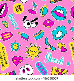 Seamless pattern with fashion patch badges. Pop art. Vector background with stickers, pins, patches in cartoon 80s-90s comic style. Lips, eyes, hearts, sun, ice cream, pizza. Vector clip-art.
